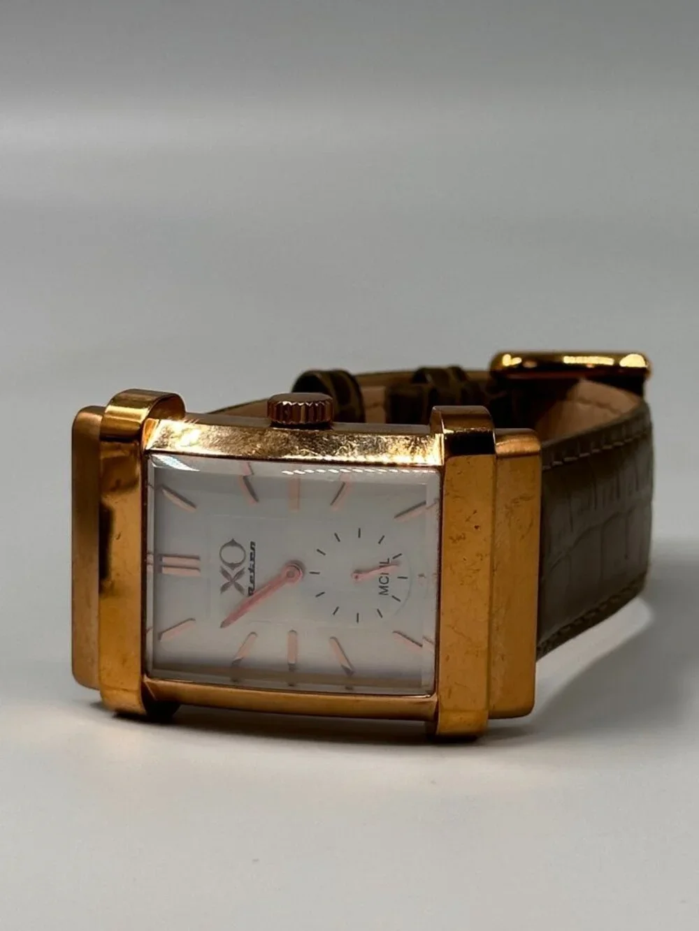 XO Retro MCML Watch Mens Rose Gold Tone Green Leather Band New Battery 9.5